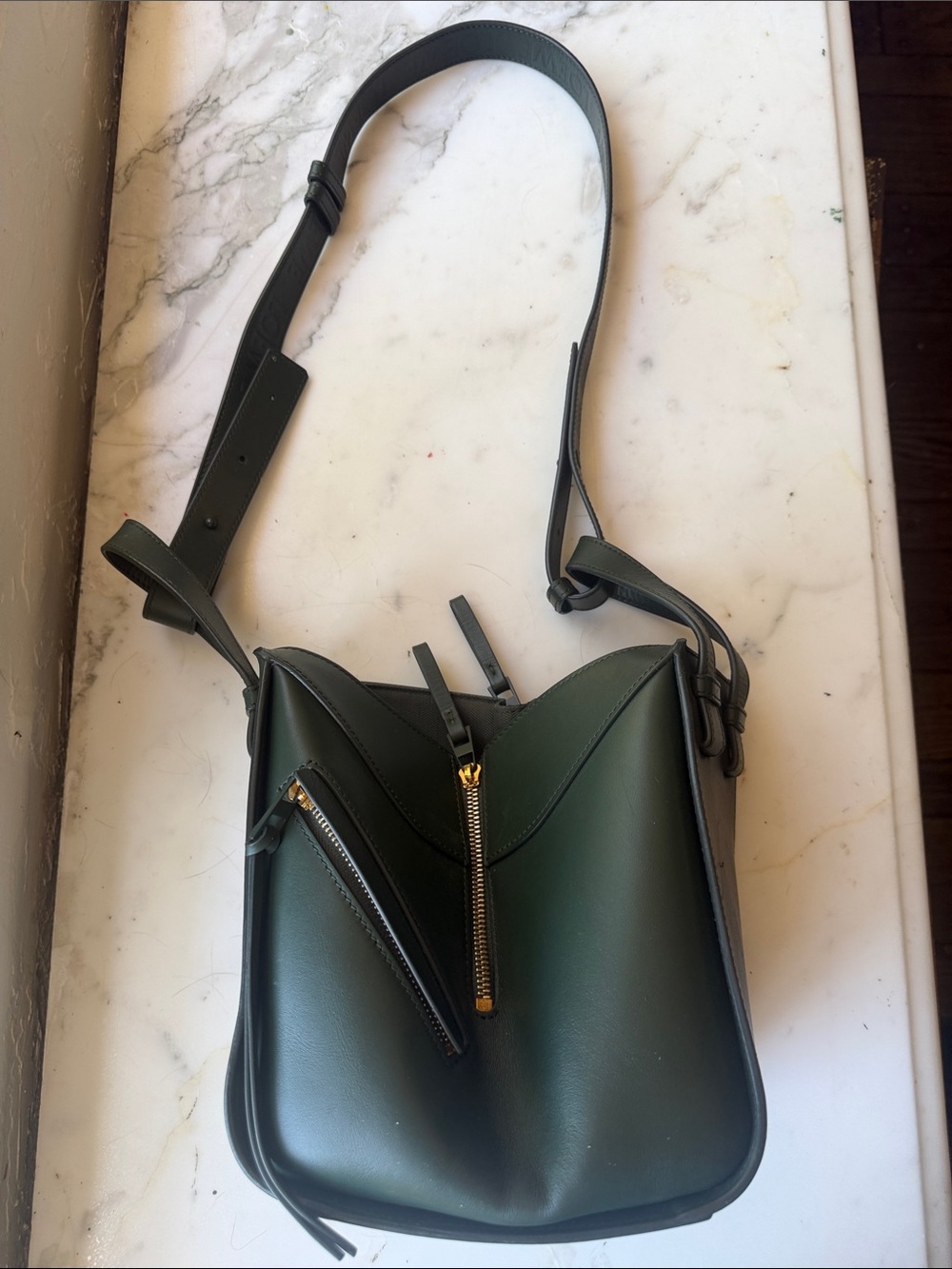 Loewe Dark Green Leather Crossbody Bag with Gold Zipper